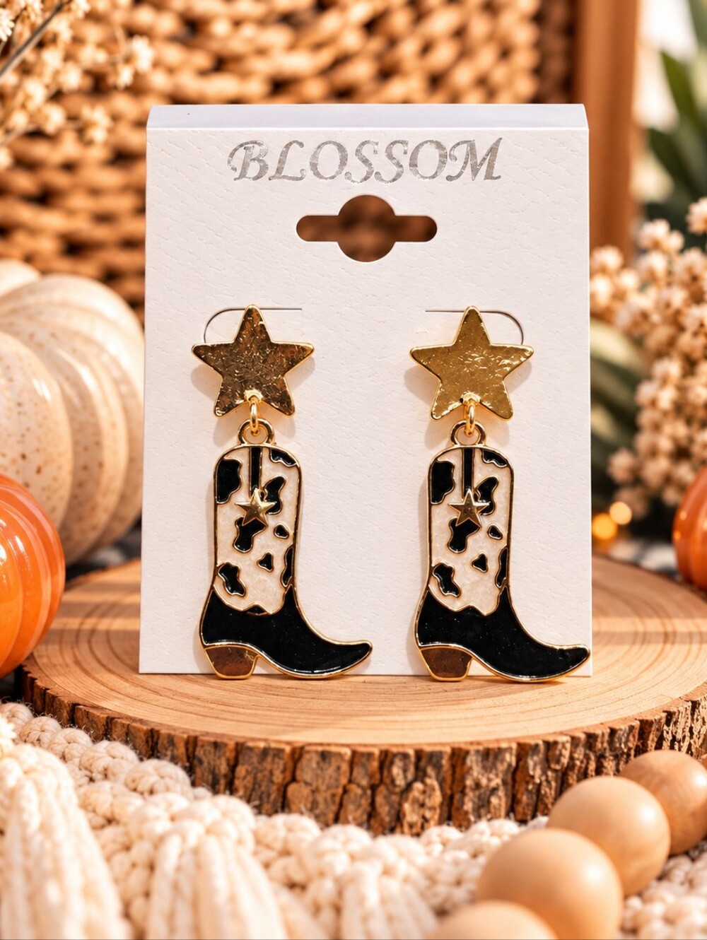 Gold & Black Cowboy Boot Star Drop Earrings
